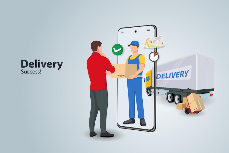Vector delivery boy flat design vector concept guy courier stays with the box near the door