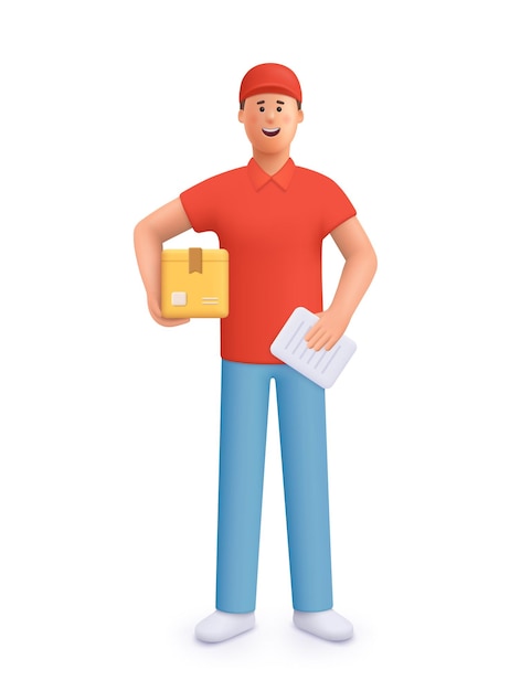 Delivery courier man in red uniform holding package box Safe delivery of goods concept 3d vector people character illustration Cartoon minimal style