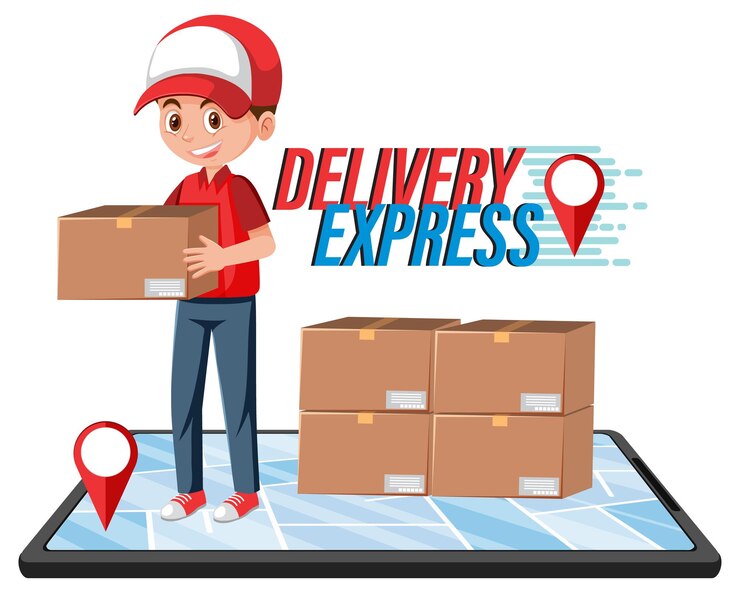 Vector delivery express wordmark with courier delivering packages