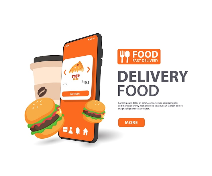 Vector delivery food service concept courier in takeaway food with scooter vector illustration