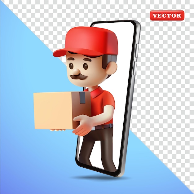 Delivery man comes out of smart phone screen and delivers parcel box 3d vector Suitable for business