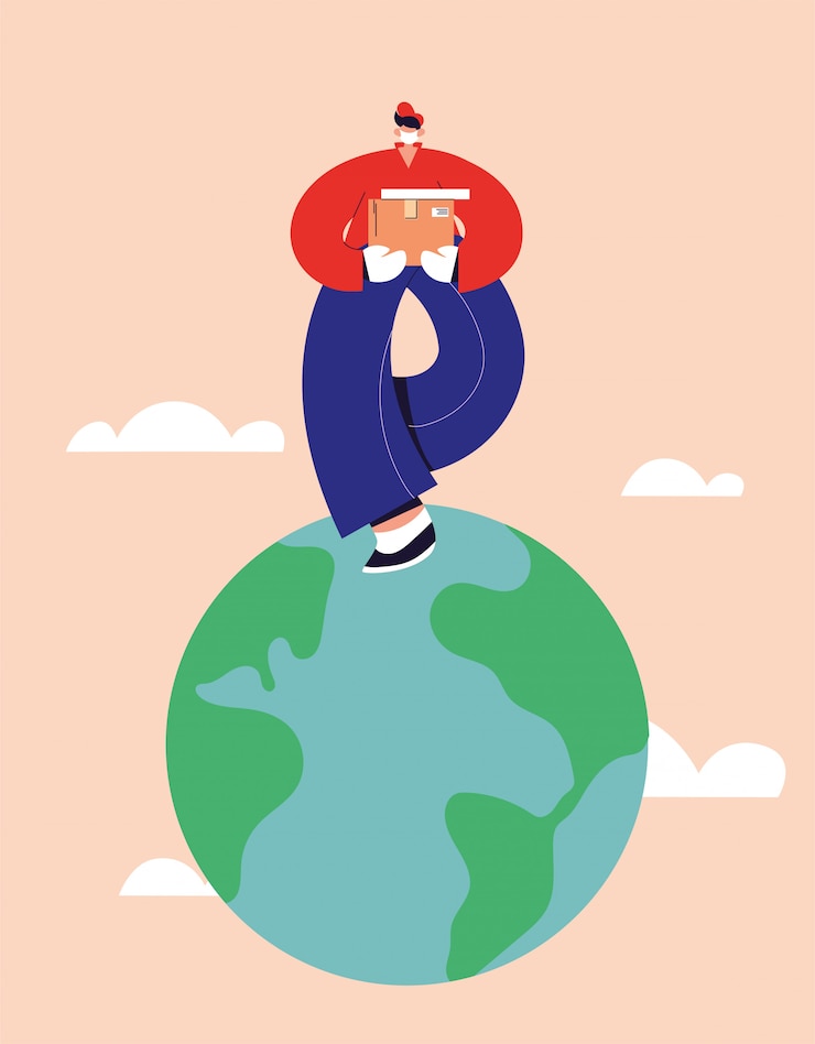Vector delivery man with face mask takes deliveries of goods around the world
