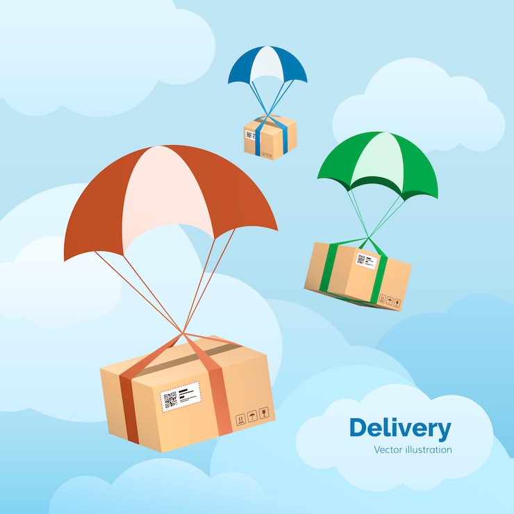 Vector delivery service. packages are flying on parachutes. parcels in the sky.