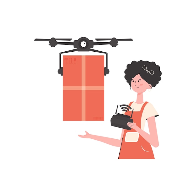 Delivery theme A woman controls a drone with a parcel Isolated Flat modern design Vector