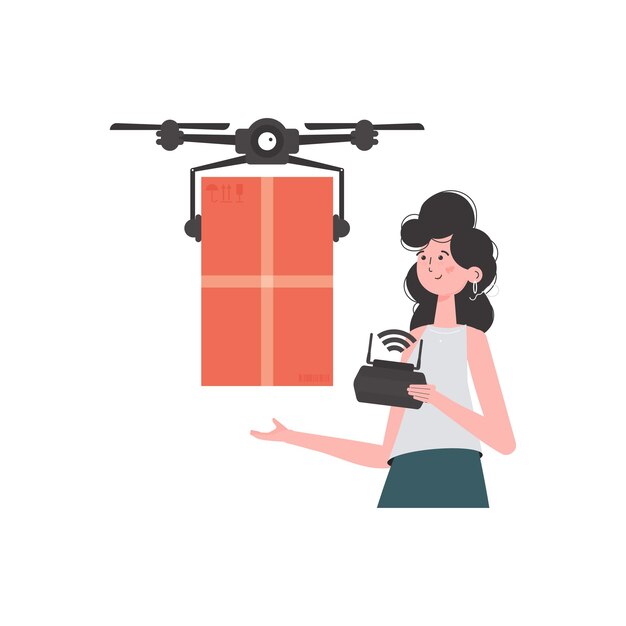 Delivery theme A woman controls a drone with a parcel Isolated trendy style Vector