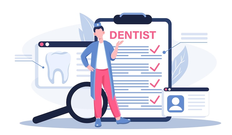 Vector dentist with magnifying glass woman near large clipboard dentistry and stomatology healthcare and
