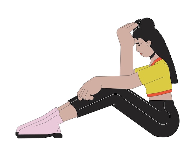 Depressed woman sitting line cartoon flat illustration