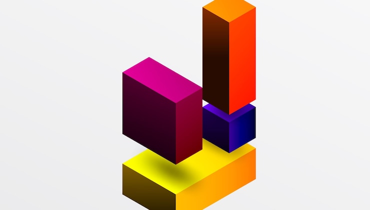 Vector desain abstrak apik yang menampilkan blok 3d isometrik dalam komposisi modern yang bersih. sempurna untuk tema yang terinspirasi teknologi dengan warna-warna cerah dan presisi geometris