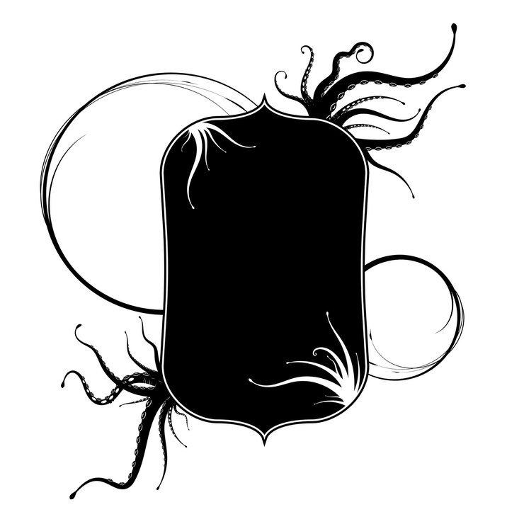 Vector desain bingkai label dengan monster laut kraken atau tentakel cthulhu gaya mistik hitam dan putih