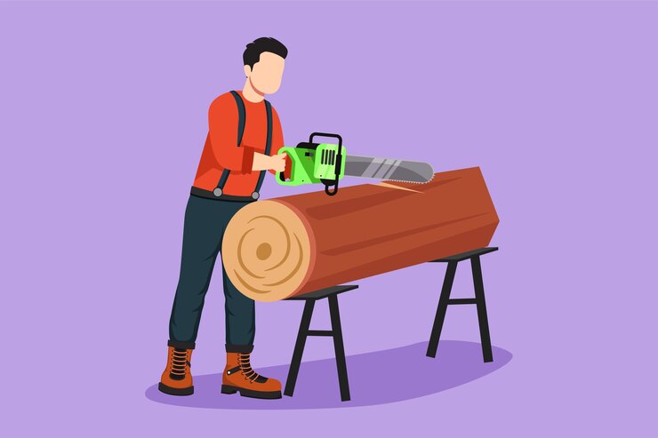 Vector desain datar grafis dari konsep gergaji. penebang kayu profesional menebang pohon dengan gergaji mesin untuk pemrosesan transportasi lebih lanjut. simbol deforestasi global. ilustrasi vektor gaya kartun