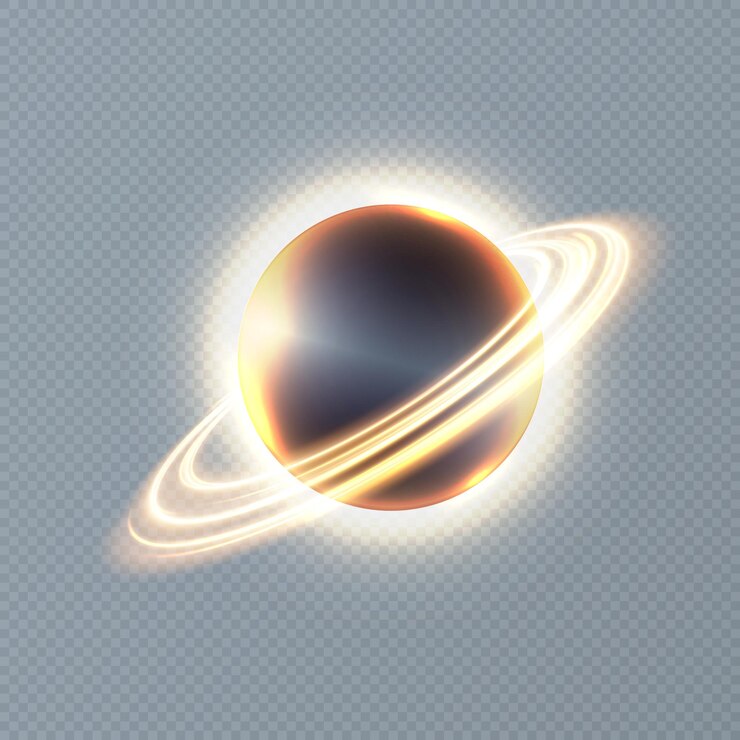 Vector desain futuristik abstrak dari planet saturnus dalam pertunjukan cahaya pada latar belakang transparan.