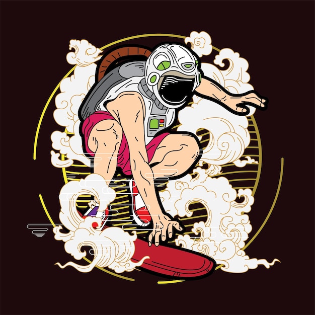 Desain ilustrasi astronot dengan latar belakang, logo, label gaya Jepang