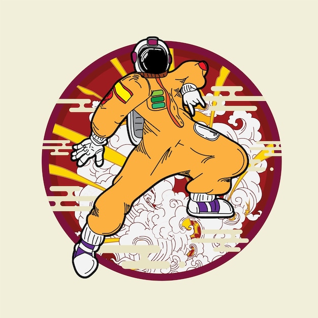 Desain ilustrasi astronot dengan latar belakang, logo, label gaya Jepang