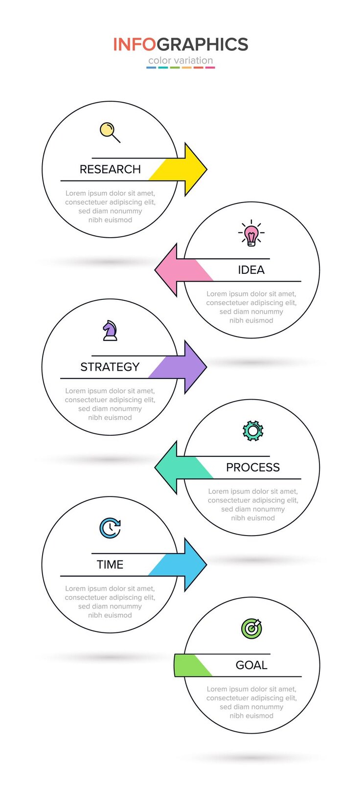 Desain infografis vertikal dengan ikon dan 6 pilihan atau langkah