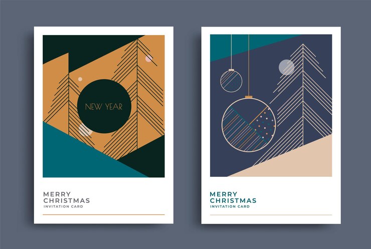 Desain kartu ucapan Tahun Baru dengan pohon natal dan bola yang bergaya Selamat Natal poster