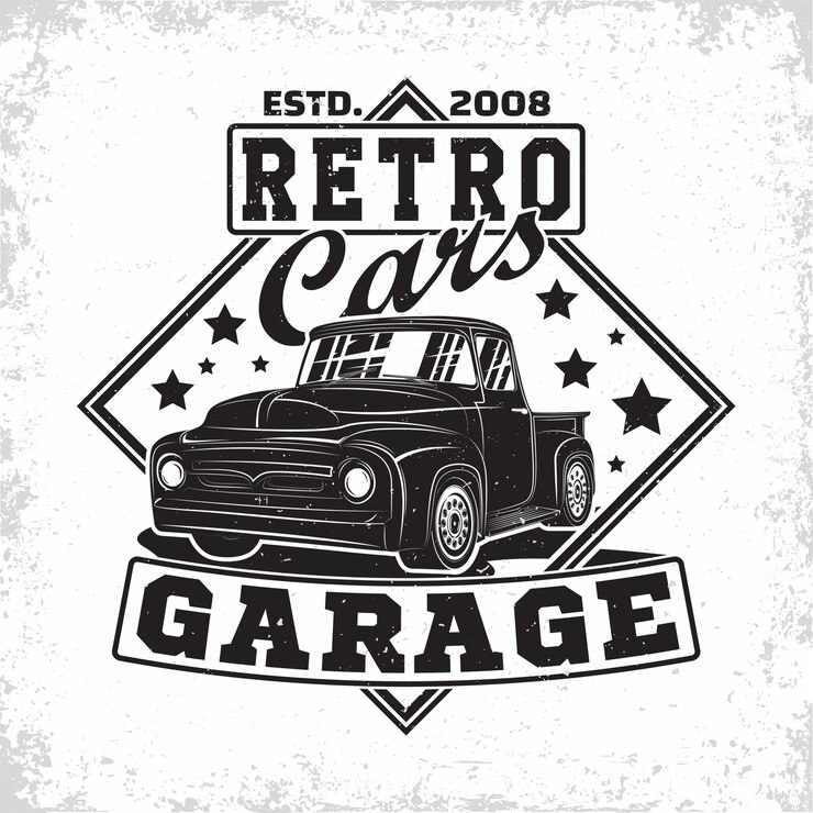 Desain logo garasi Hot Rod, lambang organisasi perbaikan dan servis mobil berotot, stempel cetak garasi mobil retro, lambang tipografi hot rod
