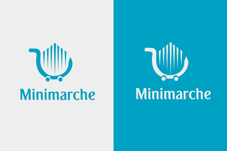 Desain logo supermarket dengan troli dan toko Vektor Gratis