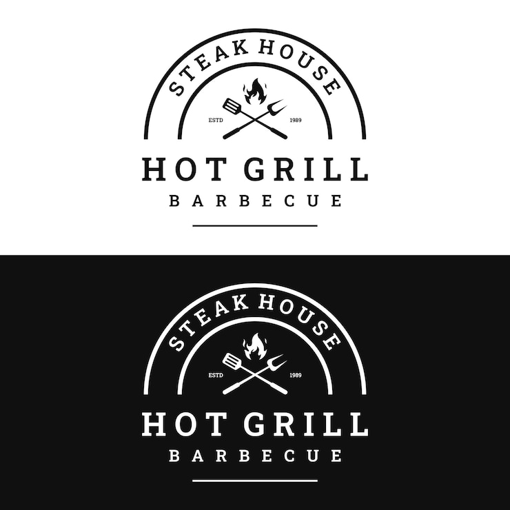 Vector desain logo tipografi barbekyu panggang dengan api dan spatula yang disilangkanlogo untuk restoran, kafe, dan bar