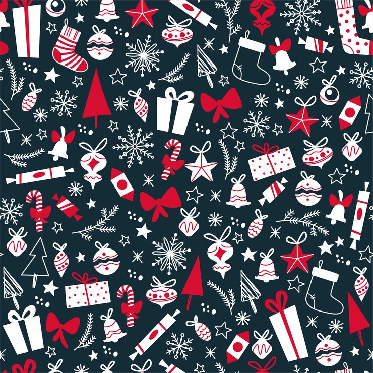 Vector desain pola mulus selamat natal dengan hadiah, pohon cemara, mainan, kepingan salju. ilustrasi vektor datar. untuk kartu, spanduk, cetakan, kemasan, undangan.