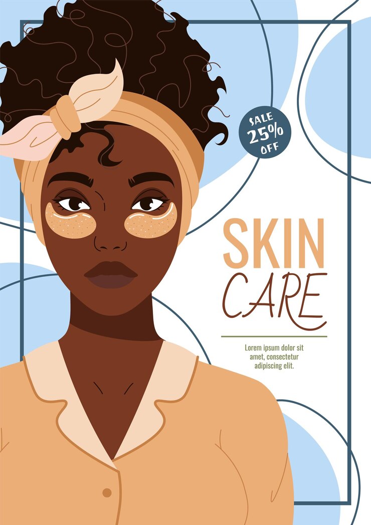Vector desain selebaran perawatan kulit poster dengan wanita berkulit gelap dengan koyo mata pelembap perawatan kulit wajah banner pelembap kulit untuk salon kecantikan spa dll
