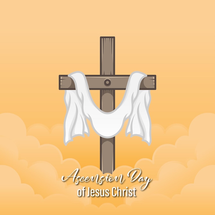 Vector desain vektor kenaikan yesus kristus dengan salib dan jubah di atas awan dalam komposisi persegi