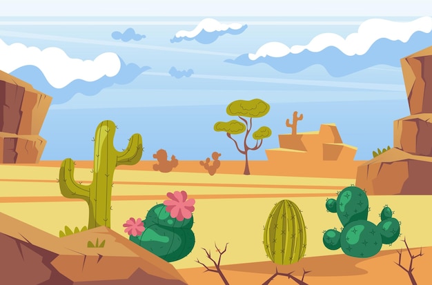 Desert sand landscape with cactus cartoon background concept graphic design illustration