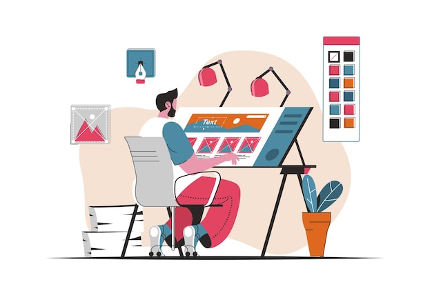design studio concept isolated. development of graphics, pictures, brand logo. people scene in flat cartoon design. vector illustration for blogging, website, mobile app, promotional materials.