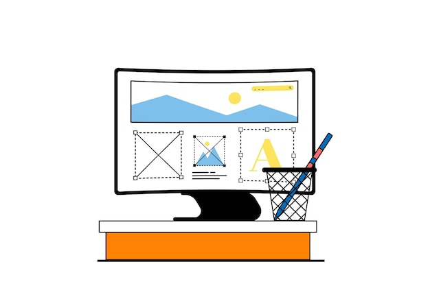 designer agency concept with people scene in flat web design ui ux layout creation placing graphic elements on homepage interface vector illustration for social media banner marketing material