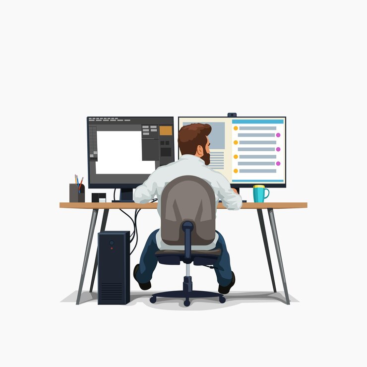 Vector designer sitting at desk and working isolated on white
