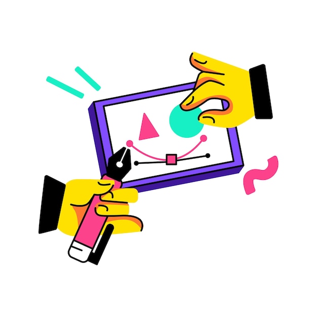 Designer working on tablet with pen and geometric shapes