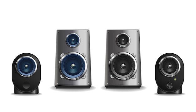Desktop audio speakers collection of different shapes and sizes. Metal and plastic loudspeakers set. 