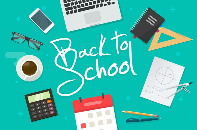 Desktop or table top view with back to school text  lay workplace