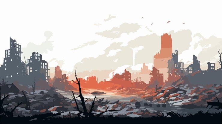 Destroyed City Digital Painting Flat Vector Illustration