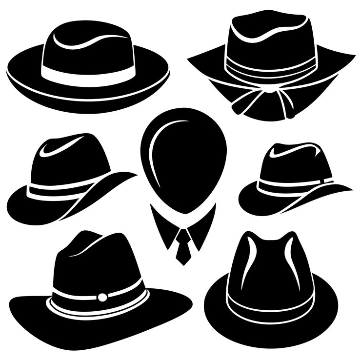 Detective different types hat silhouette vector illustration set on white background