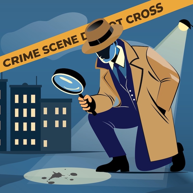 Vector detective or a policeman with a magnifying glass in his hand investigating at crime scene