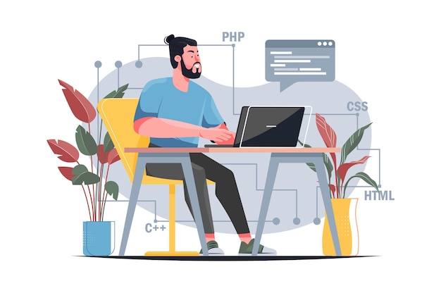 Developer yellow concept with people scene in the flat cartoon design A developer writes code