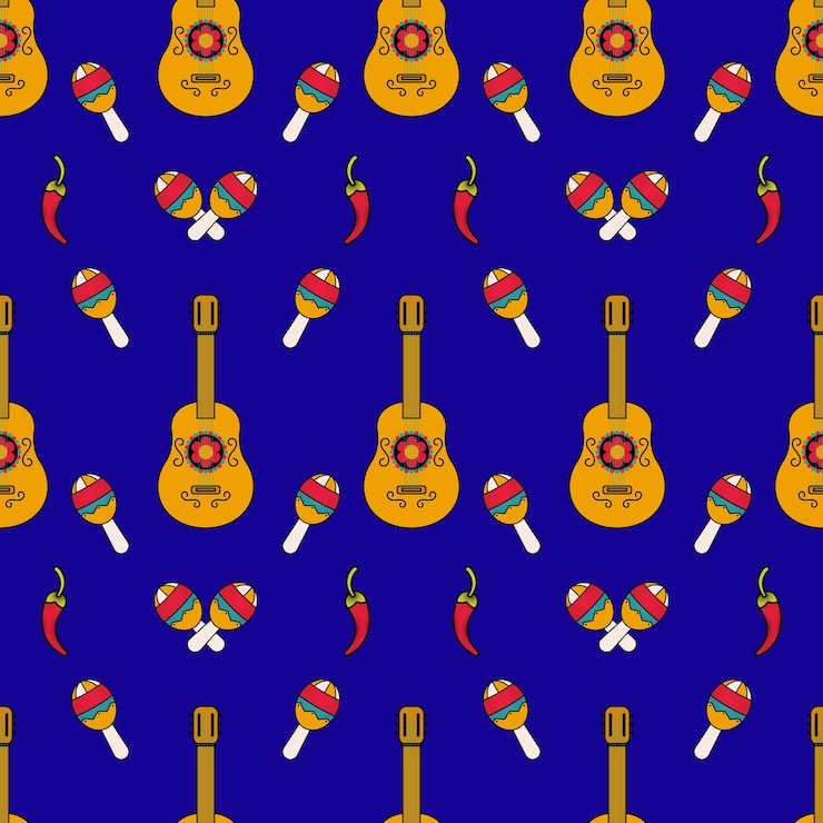 Vector dia de los muertos guitars maracas and red chili peppers seamless pattern