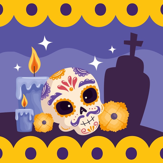 Dia de los muertos skull with gravestone