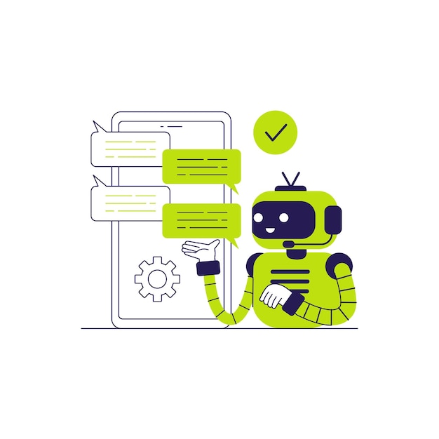 Dialog between AI robot assistant and user in messenger concept illustration