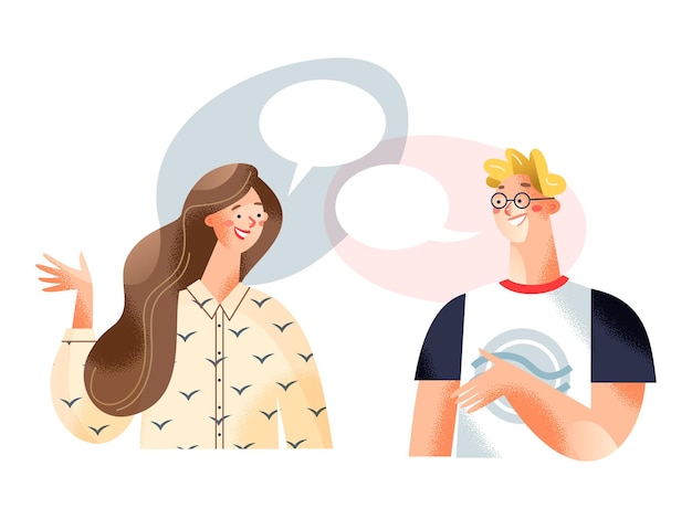 dialogue of people with speech bubbles young man character thinking talking with woman together in dialog balloons chat conversation in social media network concept