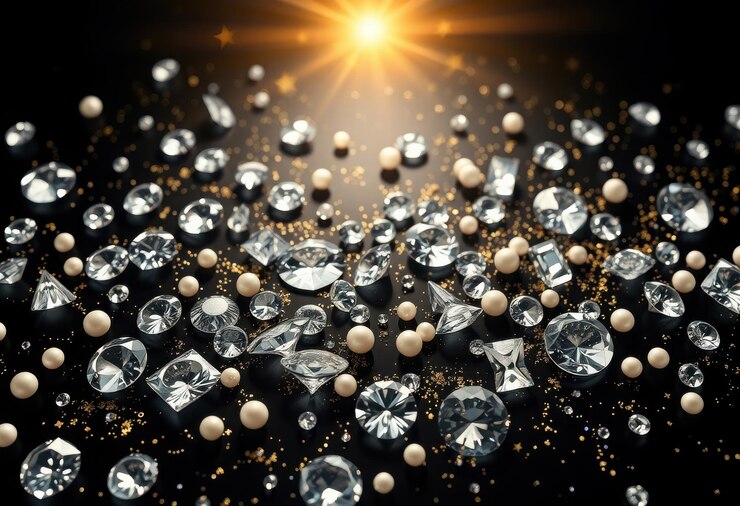Vector diamonds on a black background with a golden glow