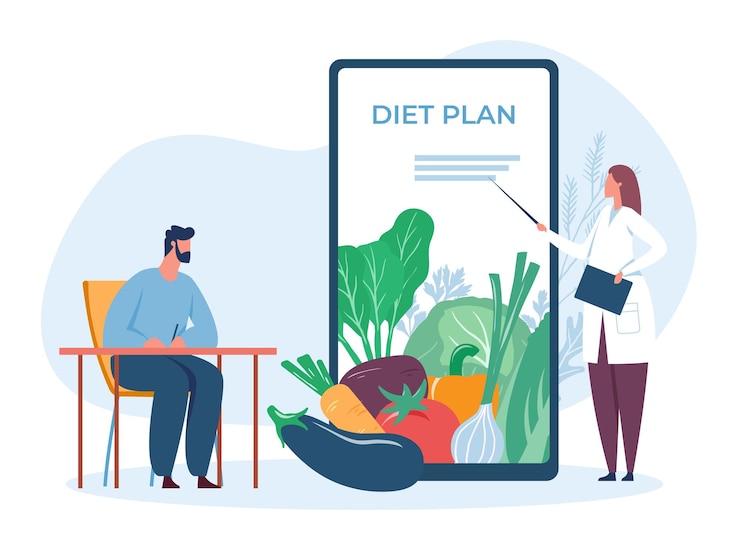 Vector diet plan online, dietitian give advice to get fit. application for nutrition diet, nutritionist online, vector illustration