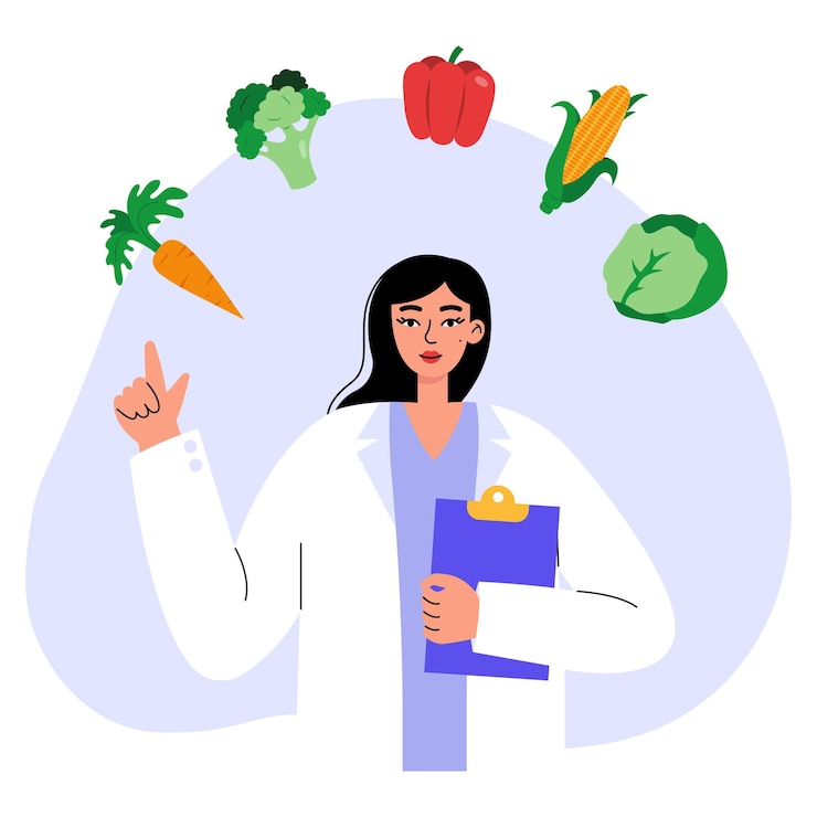 Vector diet plan or nutrition consultation concept. female nutritionist or dietitian doctor with vegetables