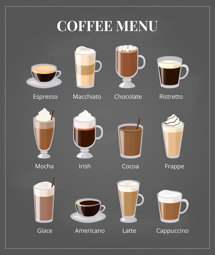 Vector different coffee drinks isolated on chalkboard background