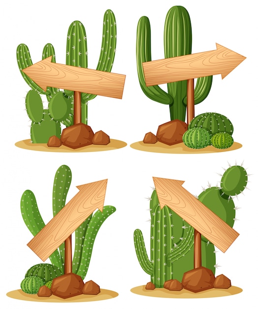 Different designs for wooden arrows on cactus illustration