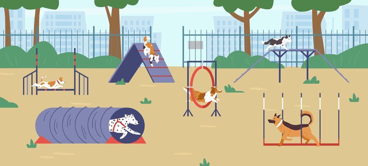 Vector different dogs on agility field flat vector illustration. dogs passing different training obstacles.