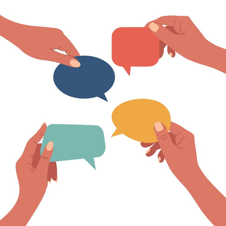 Vector different people hands holding speech bubbles illustration in flat style