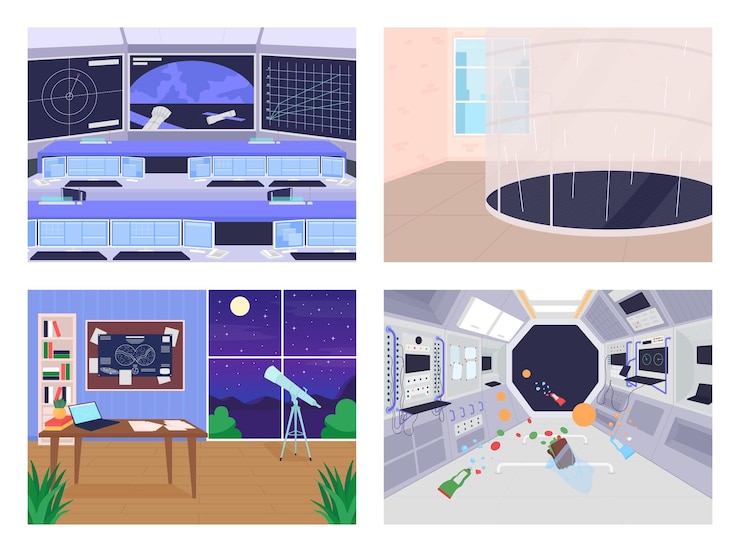 Vector different space exploration facilities flat color illustration set