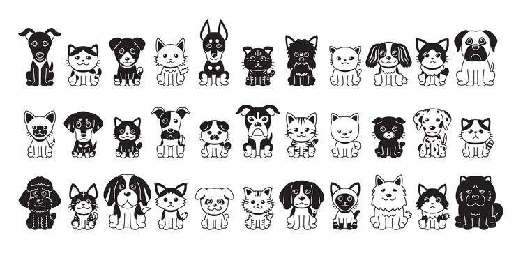 Different type of vector cartoon cats and dogs