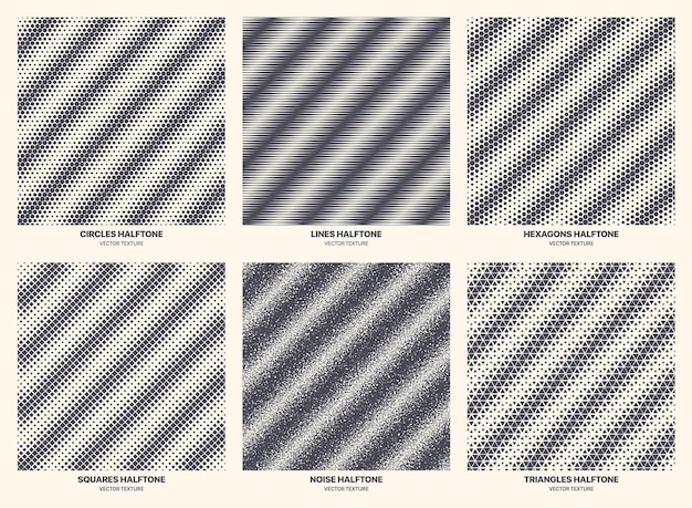 different variations halftone incline stripe patterns set vector geometric texture isolated on white background. modern various half tone textures collection circle line noise square hexagon triangle